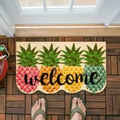Evergreenful Pineapples Shaped Indoor Outdoor Natural Coir Doormat 1'4"x2'4" Multicolored