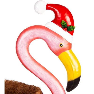 Evergreen 39"H Metal Winter Flamingo Planter W/Santa Hat 4 Evergreen 39"H Metal Winter Flamingo Planter W/Santa Hat - Image 2