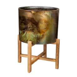 Evergreen Metallic Patina Planter With Wood Stand Set Of 2 -Evergreen Store GUEST f6121b3b eac7 4522 857a d38dae0e8c08